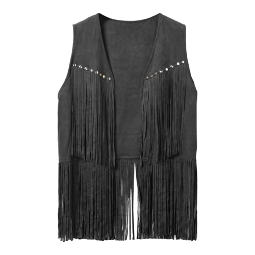 Herren Wildleder Weste Fransen Ärmellos Cowboy Weste Indianer Weste Mit Fransen Retro Boho Hippie Outfit Festival Karneval Kostüm von Generic