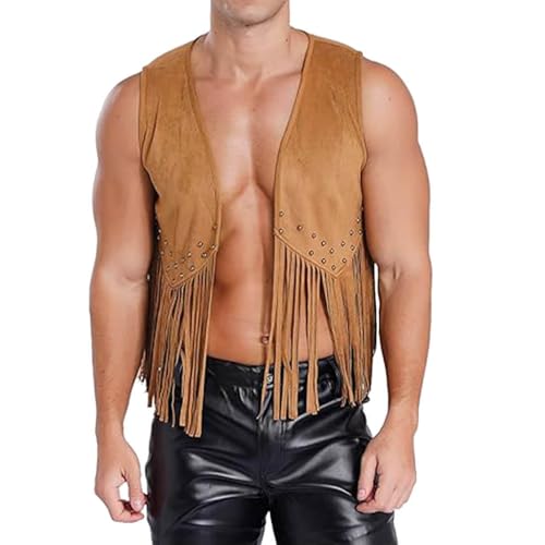 Herren Wildleder Weste Fransen Ärmellos Cowboy Weste Indianer Weste Mit Fransen Retro Boho Hippie Outfit Festival Karneval Kostüm von Generic