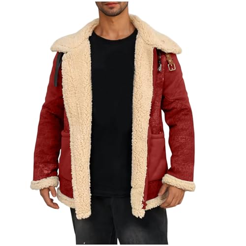 Herren Wildlederjacke Gefüttert Lammfell Jacke Teddy-Fleece Fleecejacke Lederjacke Winterjacke Bomberjacke Winter Mantel Baumwolle Übergangsjacke Meine Bestellungen Rot XXL von Generic