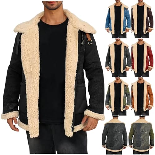Herren Wildlederjacke Gefüttert Lammfell Jacke Teddy-Fleece Fleecejacke Lederjacke Winterjacke Bomberjacke Winter Mantel Baumwolle Übergangsjacke Meine Bestellungen Schwarz XXL von Generic