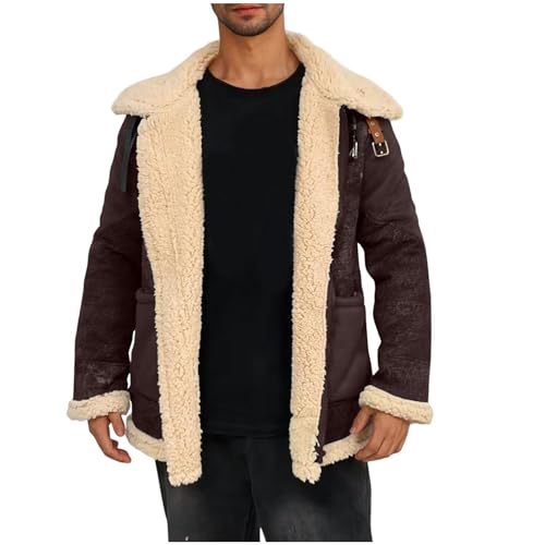 Herren Wildlederjacke Gefüttert Lammfell Jacke Teddy-Fleece Fleecejacke Lederjacke Winterjacke Bomberjacke Winter Mantel Baumwolle Übergangsjacke Sale Kaffee 3XL von Generic
