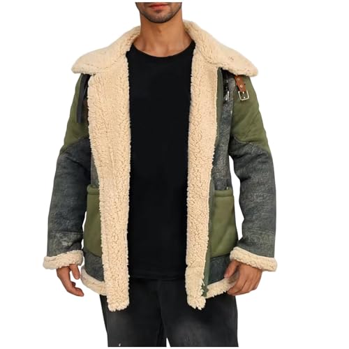 Herren Wildlederjacke Gefüttert Lammfell Jacke Teddy-Fleece Fleecejacke Lederjacke Winterjacke Bomberjacke Winter Mantel Baumwolle Übergangsjacke Warehouse Deal Grün XL von Generic