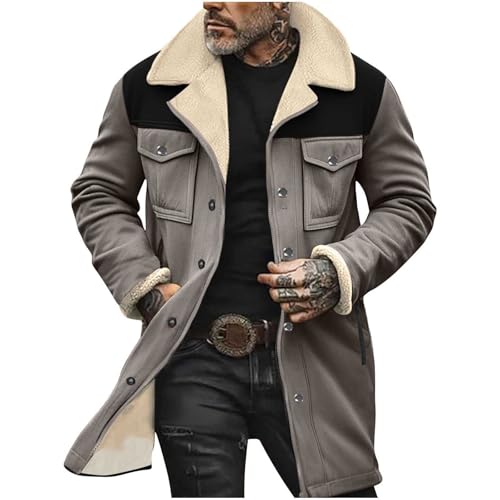 Herren Wildlederjacke Lang Gefütterte Lederjacke Vintage Kunstwildleder Mantel Winter Jacke Warm Trenchcoat Wolle Freizeitjacke Fleece Wintermantel Blitzangebote Grau M von Generic