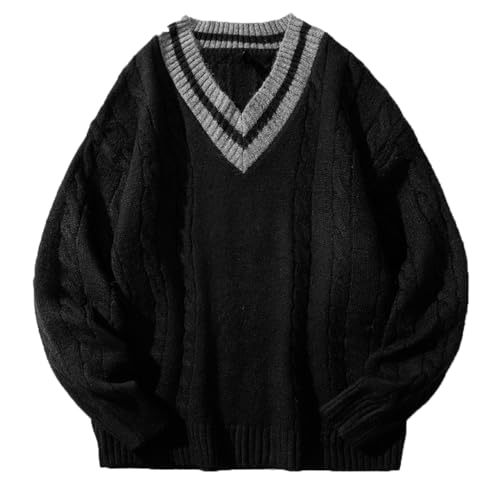 Herren Winter Strickpullover Übergroßer schwarzer Pullover V-Ausschnitt Vintage gestreifte Strickpullover(Black,XX-Large) von Generic