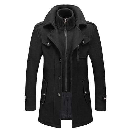 Herren Wintermantel, Slim Fit Zweiteiliger Mantel für Business und Freizeit, Wollmantel mit Stehkragen Peacoat und Warmer Integrierter Innenjacke (Black, L) von Generic