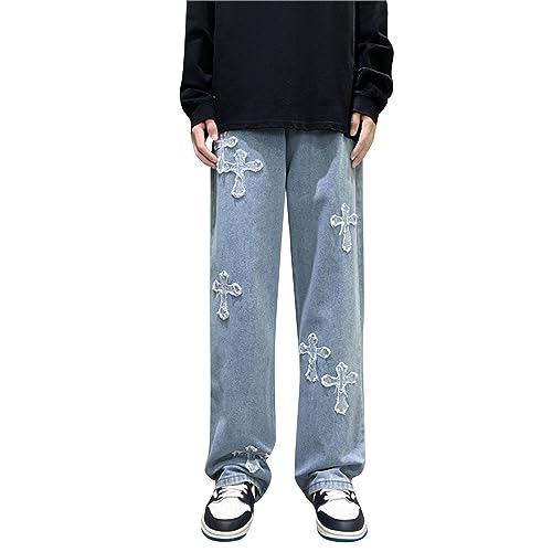 Herren Y2K Jeans Herren Baggy Print Hip Hop Jeans Gerades Bein Gewaschene Denim Hosen Vintage Casual Relaxed Fit Jeanshose Teenager Junge Streetwear Skateboard Y2K Hose Printed Baggy Jeans von Generic