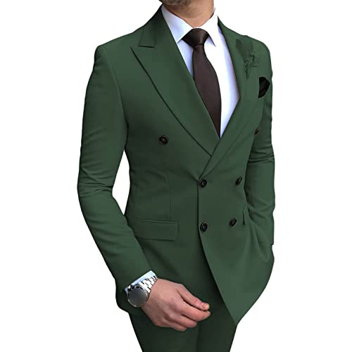 Herren Zweiteiliger Bräutigam Blazer Doppel Reihe Zwei Knopf Jacke Sets Hochzeit Prom Dinner Business Solid Smoking Anzug (Army Green,5XL) von Generic