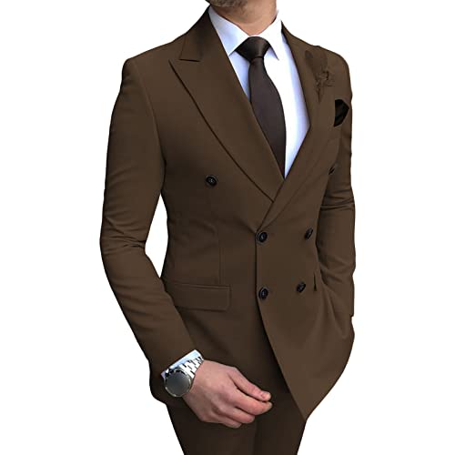 Herren Zweiteiliger Bräutigam Blazer Doppel Reihe Zwei Knopf Jacke Sets Hochzeit Prom Dinner Business Solid Smoking Anzug (Dunkelbrauen,M) von Generic