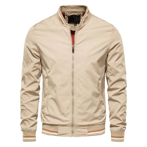 Herren einfarbig Leichte Dünne Bomberjacke Sommerjacke mit Gestreiftem Blouson US Fliegerjacke mit Innentasche Basic Windbreaker Trekkingjacke mit Kapuze Winter Warm Hybridjacke (Khaki-c, XL) von Generic