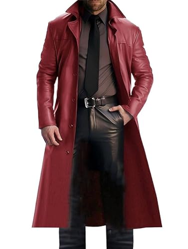 Herren in voller Länge Ledermantel schwarzer Leder Klassiker in voller Länge langer Trenchcoat braun rot von Generic