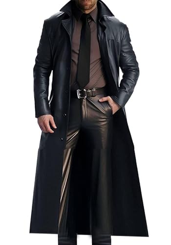 Herren in voller Länge Ledermantel schwarzer Leder Klassiker in voller Länge langer Trenchcoat braun rot von Generic