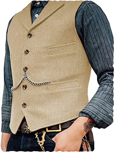 Herren klassische Wolle Tweedanzug Vest Casual ärmellose Jacke Fischgramm Weste for Smoking (Farbe : Champagner, Größe : 3XL) von Generic