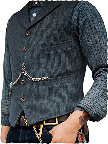 Herren klassische Wolle Tweedanzug Vest Casual ärmellose Jacke Fischgramm Weste for Smoking (Farbe : Light Navy, Größe : XXL) von Generic