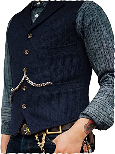 Herren klassische Wolle Tweedanzug Vest Casual ärmellose Jacke Fischgramm Weste for Smoking (Farbe : Marine, Größe : 3XL) von Generic