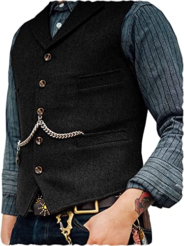 Herren klassische Wolle Tweedanzug Vest Casual ärmellose Jacke Fischgramm Weste for Smoking (Farbe : Schwarz, Größe : 3XL) von Generic