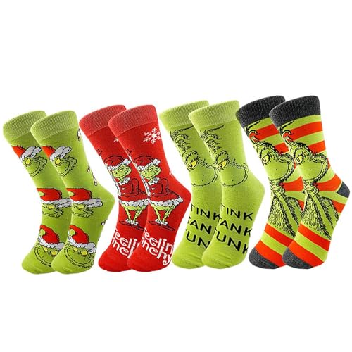 Herren und Damen Grinch Baumwolle Socken Packung Weihnachtssöckchen, Grinch Baumwolle Socken, Bunte Gemusterte Weihnachtssocken für Herren und Damen (4PC C+D+E+F) von Generic