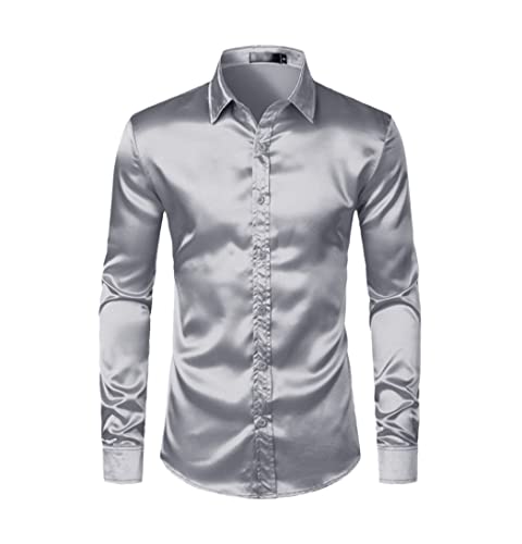 Herren weißes Seiden-Satin-Smoking-Hemd, lange Ärmel, enganliegendes Kleid Hemden, Hochzeit, Party, Tanz, männlich, Freizeithemd, silberfarben, XL von Generic