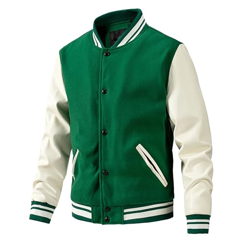 Herrenmode Varsity Jacke Lässige gesteppte Bomberjacke mit Lederärmeln College-Baseball-Jacke aus Wollmischung (Grün,XXL) von Generic