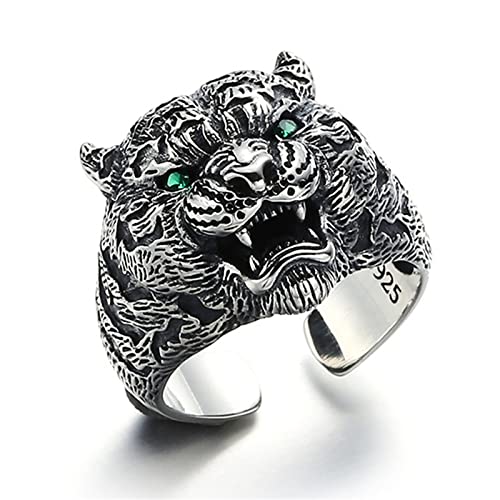 Herrenring aus S925-Sterlingsilber mit Tigerkopf, gotischer Vintage-Ring mit offenem hegemonialem Tigerkopf,Silber,12 von Generic