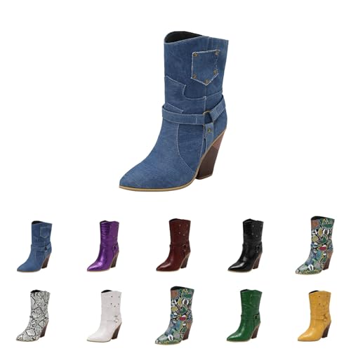 High Heels Stiefeletten Blockabsatz - Cowboystiefel Damen Leder - Westernstiefel Spitzer Zehenpartie Halbstiefel Bunte Reitstiefel Langschaft Schlupfstiefel Elegante Pu-Lerde-Stiefel von Generic