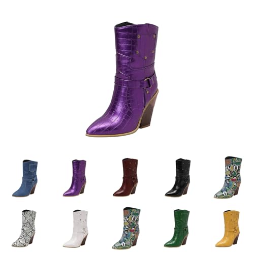 High Heels Stiefeletten Blockabsatz - Cowboystiefel Damen Leder - Westernstiefel Spitzer Zehenpartie Halbstiefel Bunte Reitstiefel Langschaft Schlupfstiefel Elegante Pu-Lerde-Stiefel High Heels Stiefeletten Blockabsatz - Cowboystiefel Damen Leder - Westernstiefel Spitzer Zehenpartie Halbstiefel Bunte Reitstiefel Langschaft Schlupfstiefel Elegante Pu-Lerde-Stiefel von Generic