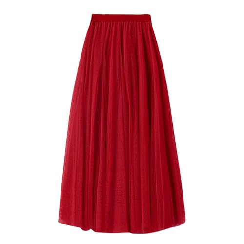 High Waist A Linien Ballettrock Damen Elegant | Schwarz Tüllrock Lang -Tütü Röcke Tutu Rock Knielang Midi Tanzrock 50er Rockabilly Petticoat Fancy Dress Rot FaschingsKostüme Karneval Kostüm von Generic