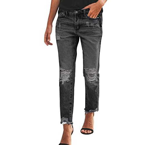 High Waist Jeans Damen mit Löchern 7/8 Jeans Damen Sommer Jeanshose Damen Lang Straight Leg Slim Fit Boyfriend Denim Hose Zerrissene Damenjeans Freizeithose Ripped Jeans Hosen für Frauen von Generic