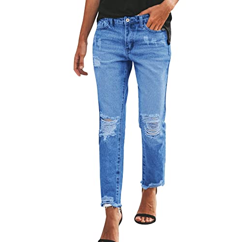 High Waist Jeans Damen mit Löchern - 7/8 Jeans Damen Sommer Jeanshose Lang Straight Leg Slim Fit Boyfriend Denim Hose Zerrissene Jeans Freizeithose Ripped Jeans Hosen für Damen von Generic