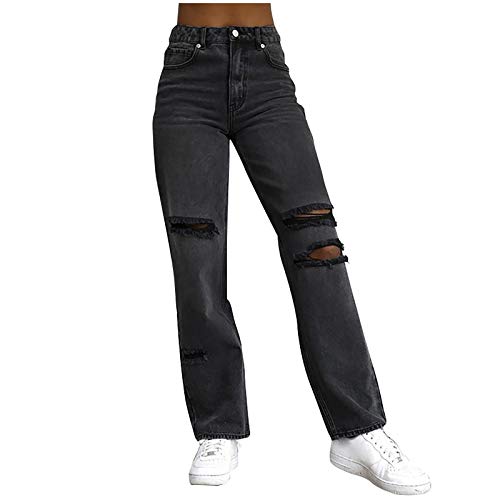 High Waist Jeans Damen mit Löchern - Baggy Jeans Damen Stretch- Zerrissene Jeanshose Damen Lang Straight Leg Weites Bein Denim Hose Locker Damenjeans Freizeithose Schwarze Jeans Hosen für Frauen von Generic