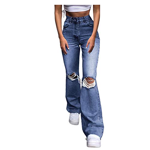 High Waist Jeans Damen mit Löchern - Baggy Jeans Damen Stretch- Zerrissene Jeanshose Damen Lang Straight Leg Weites Bein Denim Hose Locker Damenjeans Freizeithose Streetwear Jeans Hosen für Frauen von Generic