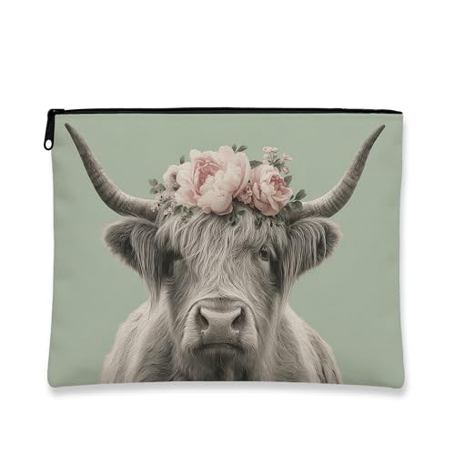 Highland Cow Kosmetiktasche, Blumen-Pfingstrosen-Druck, Reise-Make-up-Tasche für Damen, tragbare Reißverschluss-Aufbewahrung für Toilettenartikel, ideales Geschenk für Festivals, Grün, 7x9 Inch, Kuh von Generic