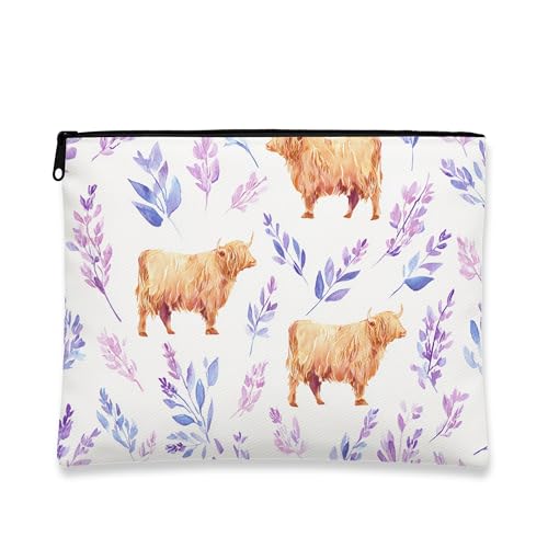 Highland Cow Make-up-Tasche, Aquarell-Rinder-Blumen-Kosmetiktasche für Damen, leichter Reise-Organizer, perfekt für Geschenke und Festivals, Weiss/opulenter Garten, 7x9 Inch, Hochlandkuh von Generic