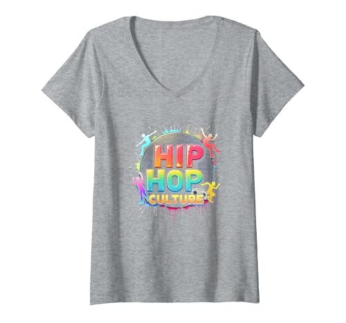 Hip Hop Culture Vibrant Urban Beat für Männer Musikliebhaber T-Shirt mit V-Ausschnitt, Damen, Grau Meliert, M von Generic