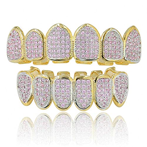 Hip hop Big Gold Teeth 18k Gold Plated All Iced Out Pink CZ Teeth Grills for Women with Extra Molding Bars (Gold Tooth Pink) von Generic