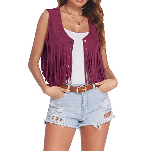 Hippie Fransen Weste Damen Kurz Sommer Dünne Fringe Jacke Westen Cowboy Fasching Vintage Faux Wildleder Cardigan Ärmellos Mini Mantel Gilet mit Quasten von Generic