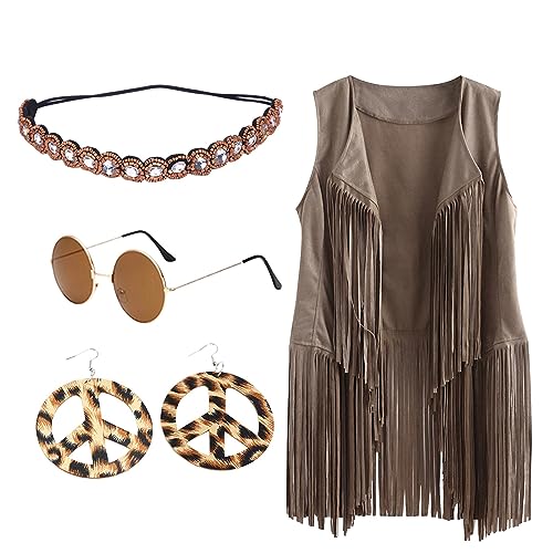 Hippie Kleidung Damen Fransen ärmellos Hippie Kostüm Damen Weste 60er 70er Jahre Bekleidung Damen Mädchen Disco Outfit Braun Fransenweste Damen Hippie Bolero Karneval Faschingskostüme von Generic