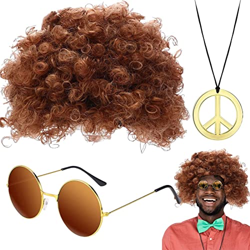 Hippie-Kostüm-Set – Funky Afro-Perücke, Hippie-Perücke und Sonnenbrille | Hippie-Kostüm-Set, Sonnenbrillenhalskette mit funky Afro-Perücke, inklusive Afro-Perücke, Hellbraun, Se référer au descriptif von Generic