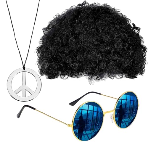 Hippie Perücke Set für Herren | Zubehör-Set für Hippie-Kostüm für Herren – Perücke für Kostüm, Disco für Herren Hippie, Zubehör der 70er, Afro-Set für Perücken, Kostüm D von Generic