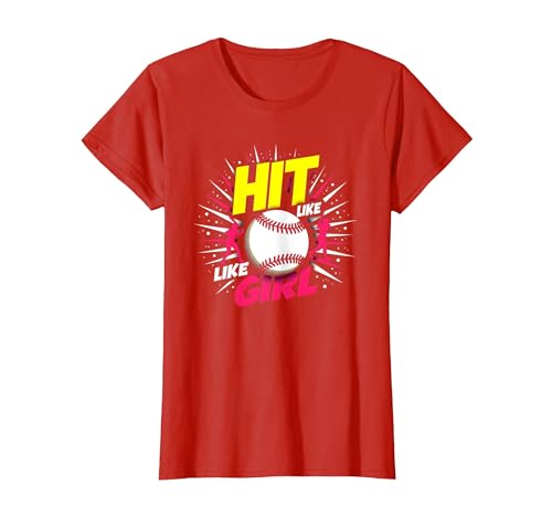 Hit Like A Girl Mädchen Softball Empowering Sports Slogan T-Shirt, Damen, Rot, S von Generic