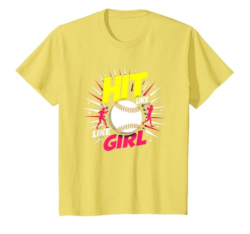 Hit Like A Girl Mädchen Softball Empowering Sports Slogan T-Shirt, Kinder, Gelb, 152 von Generic