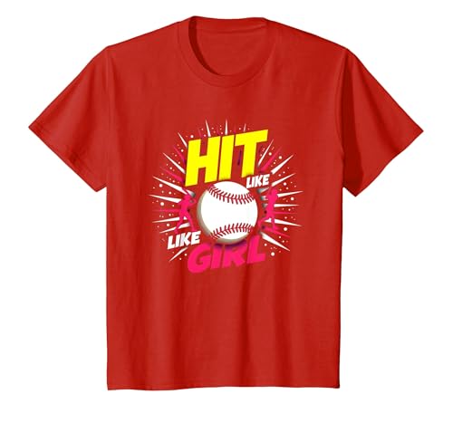Hit Like A Girl Mädchen Softball Empowering Sports Slogan T-Shirt, Kinder, Rot, 92 von Generic