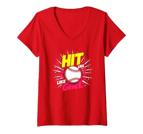 Hit Like A Girl Mädchen Softball Empowering Sports Slogan T-Shirt mit V-Ausschnitt, Damen, Rot, M von Generic