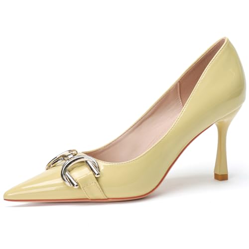 Hochglanz-Leder-Pumps Mit Spitzer Spitze - Reitstege-Detail Mit Gepolsterter Innensohle & Stilettoabsatz Für Business, Cocktails & Formelle Anlässe,Gelb,40 EU Hochglanz-Leder-Pumps Mit Spitzer Spitze - Reitstege-Detail Mit Gepolsterter Innensohle & Stilettoabsatz Für Business, Cocktails & Formelle Anlässe,Gelb,40 EU von Qynthra