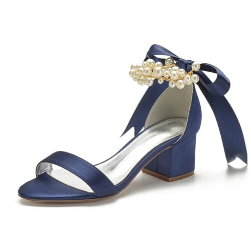 Hochzeit Block Absatz Brautschuhe Sandals Damen Offene Knöchelriemen Hochzeits Abendschuhe 5.5Cm,Dark Blue,42 EU von Generic