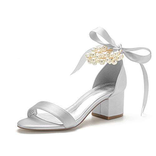 Hochzeit Block Absatz Brautschuhe Sandals Damen Offene Knöchelriemen Hochzeits Abendschuhe 5.5Cm,Silber,40 EU von Generic
