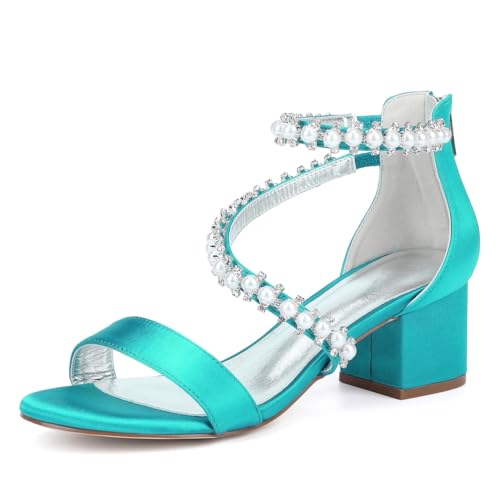 Hochzeit Damen Bridal Heel Sandalen Offener Zehe Knöchelriemchen Dicker Blockabsatz Mittlerer Absatz Schuhe 5.5 cm,Blue Green,42 EU von Generic
