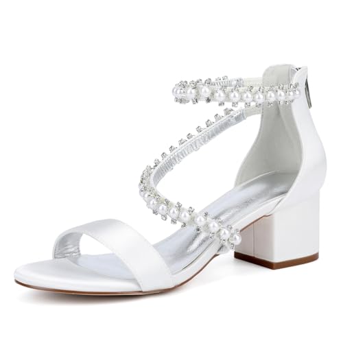 Hochzeit Damen Bridal Heel Sandalen Offener Zehe Knöchelriemchen Dicker Blockabsatz Mittlerer Absatz Schuhe 5.5 cm,Ivory White,42 EU von Generic