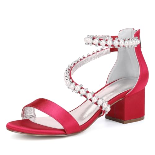 Hochzeit Damen Bridal Heel Sandalen Offener Zehe Knöchelriemchen Dicker Blockabsatz Mittlerer Absatz Schuhe 5.5 cm,Rot,43 EU von Generic