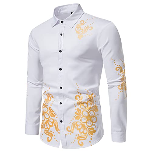 Hochzeit Hemd Langarm Herren Hemd Bronzene Herbst Revers für Männer Winterdruck und Hemd langärmelige lässige Herren Hemden Herren Business Hemd Slim fit fu?r Freizeit (0220DEBKA-White, S) von Generic