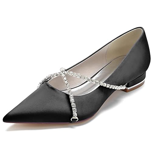 Hochzeit Schuhe Damen Flach Bridal Pointed Toe Partei Abendschuhe Damen Slip-On Flach Schuhe 2.5Cm,Schwarz,43 EU von Generic
